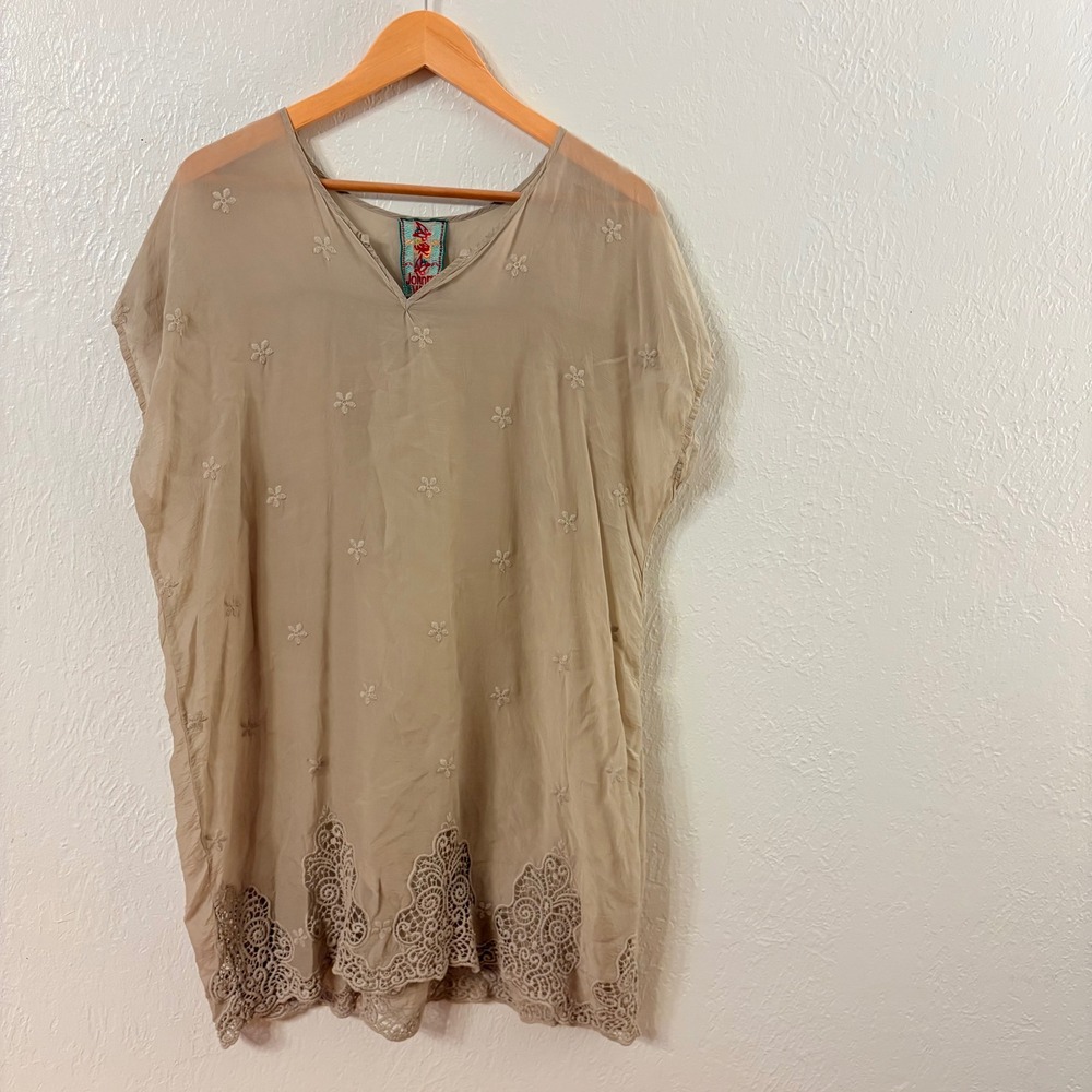 Johnny Was, Tunic Top, XL, Taupe, Boho Lace Embroidered V-Neck, MSRP $248